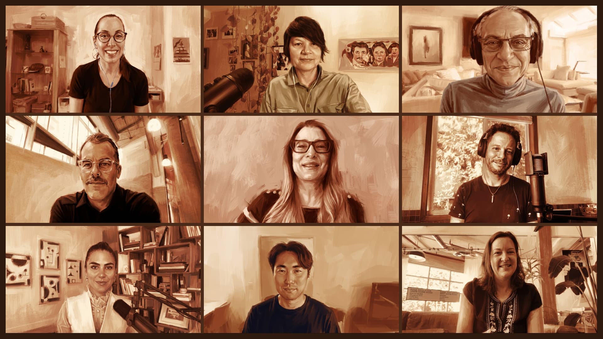 Guests from left to right: Dr. Lyana Patrick, Liz Marshall, Mark Achbar, Louis-Richard Tremblay, Catherine Warren (Host), Kevin Friel, Shahrzad Rafati, Daniel Moon, Leah Mallen. Taken from video stills, this AI-enhanced image uses sepia tones and hand-drawn effects, bridging old and new formats.