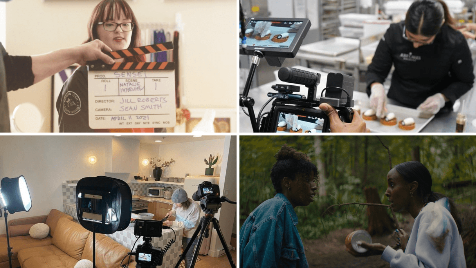 Photo credits from Top Left to Right: Behind-the-scenes of "Sensei", produced by Jill Roberts; Behind-the-scenes of "Ready, Set, Bake!"; Behind-the-scenes of "Adele Makes Food"; Film still from "Not For Us?"