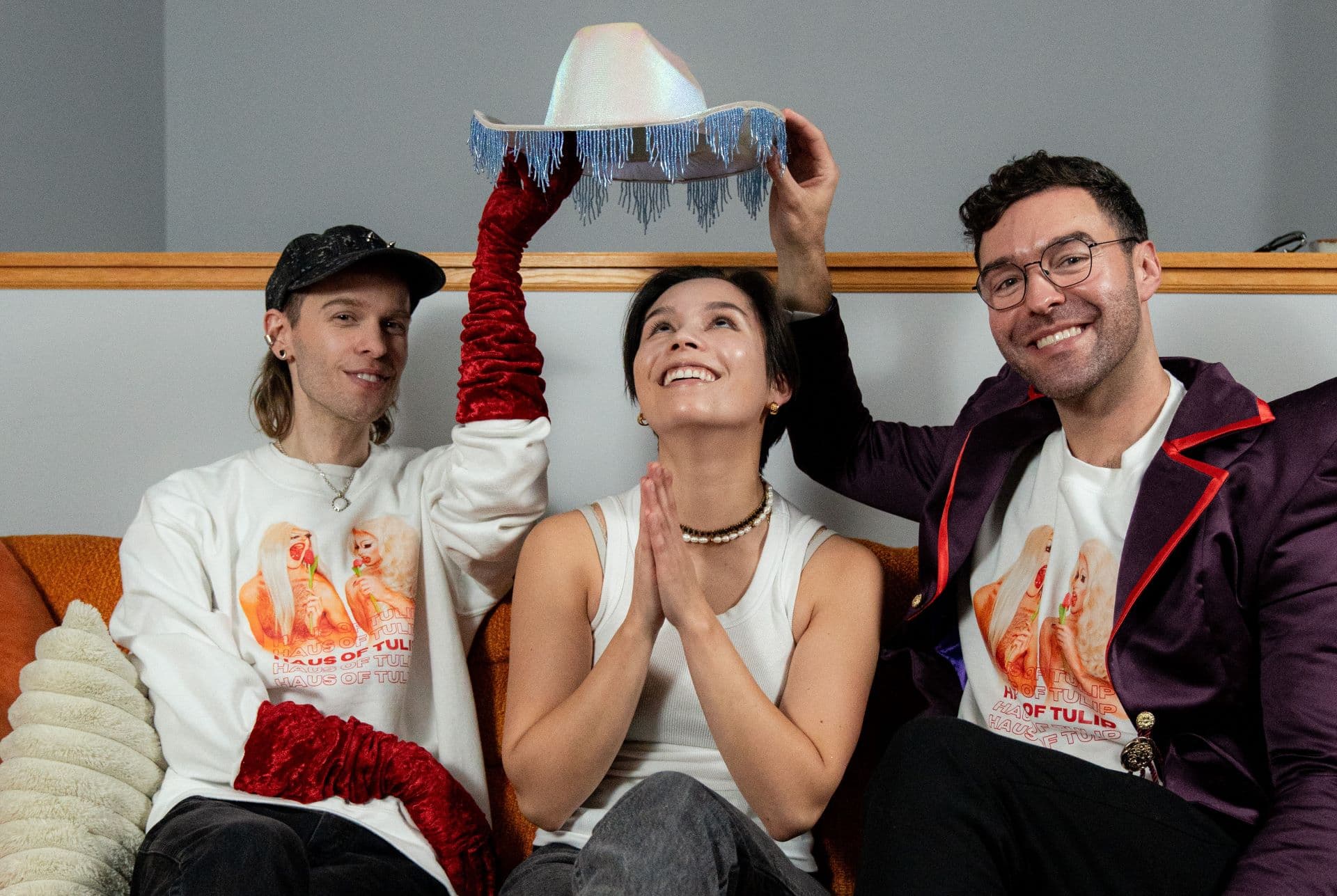 Video Podcaster Kels Valenzuela Delamarter with Josh and Danny from Fort Macleod, Alberta, two former high school frenemies turned co-producers of their hit drag show, Drag Out the Love.